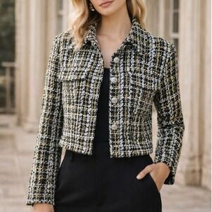 Elan Tweed Blazer Jacket Black White Gold Women M Cropped Sparkle Chic